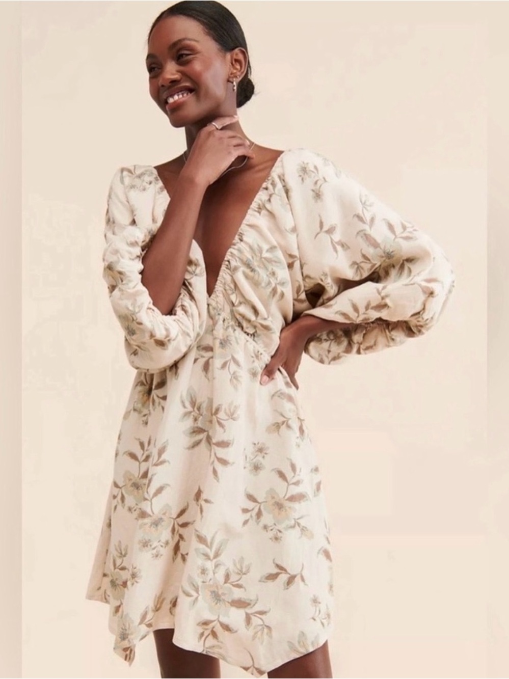 Free People Cream Floral Deep V Puff Sleeve Mini Dress